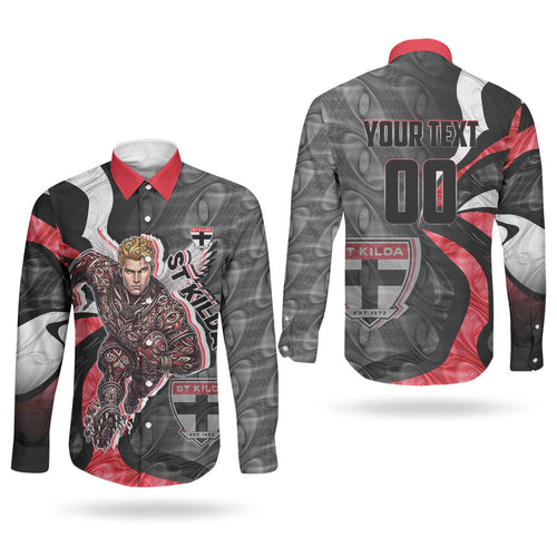 Personalised St Kilda Saints Couples Matching Puletasi and Long Sleeve Button Shirt Trippy Psychedelic Abstract Art Mascot Football Fans