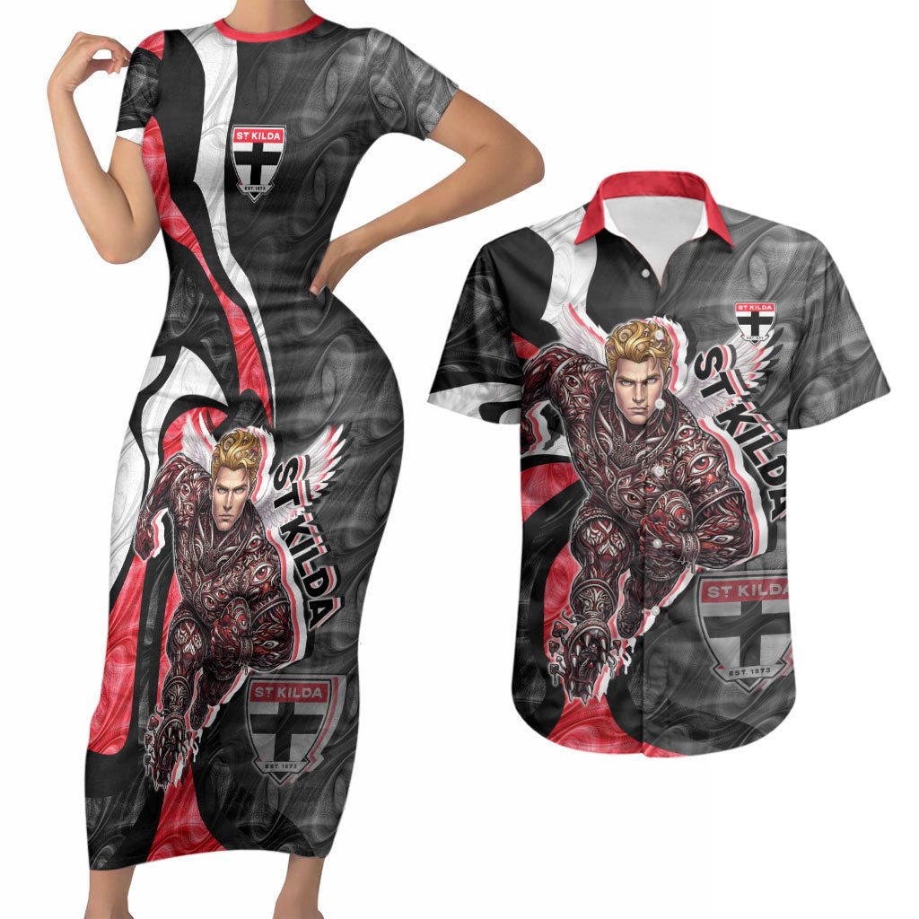 Personalised St Kilda Saints Couples Matching Short Sleeve Bodycon Dress and Hawaiian Shirt Trippy Psychedelic Abstract Art Mascot Football Fans