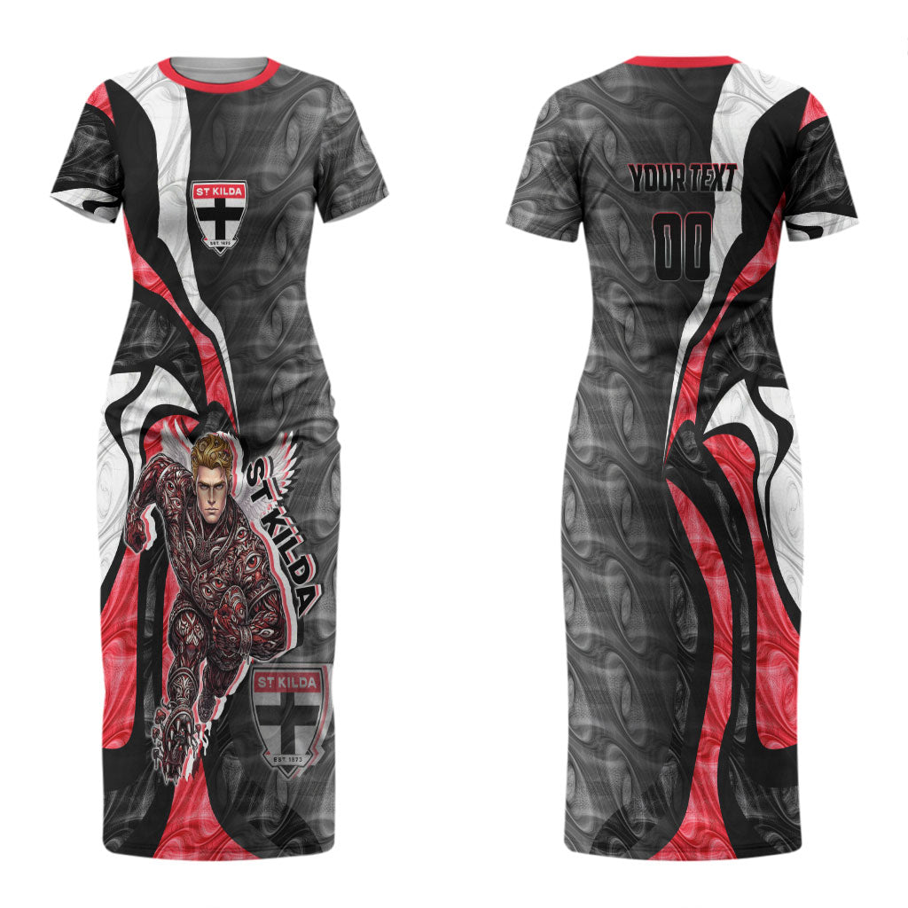 Personalised St Kilda Saints Couples Matching Short Sleeve Bodycon Dress and Hawaiian Shirt Trippy Psychedelic Abstract Art Mascot Football Fans
