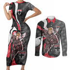Personalised St Kilda Saints Couples Matching Short Sleeve Bodycon Dress and Long Sleeve Button Shirt Trippy Psychedelic Abstract Art Mascot Football Fans