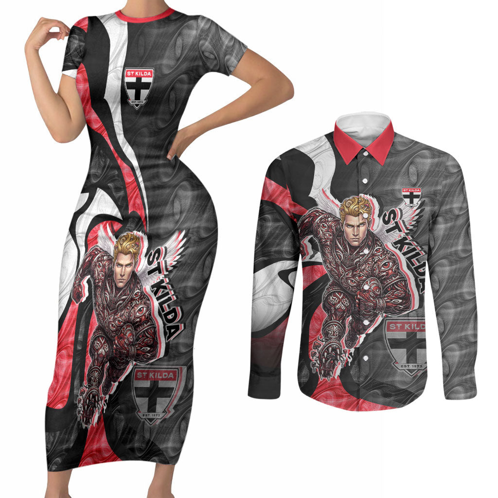 Personalised St Kilda Saints Couples Matching Short Sleeve Bodycon Dress and Long Sleeve Button Shirt Trippy Psychedelic Abstract Art Mascot Football Fans
