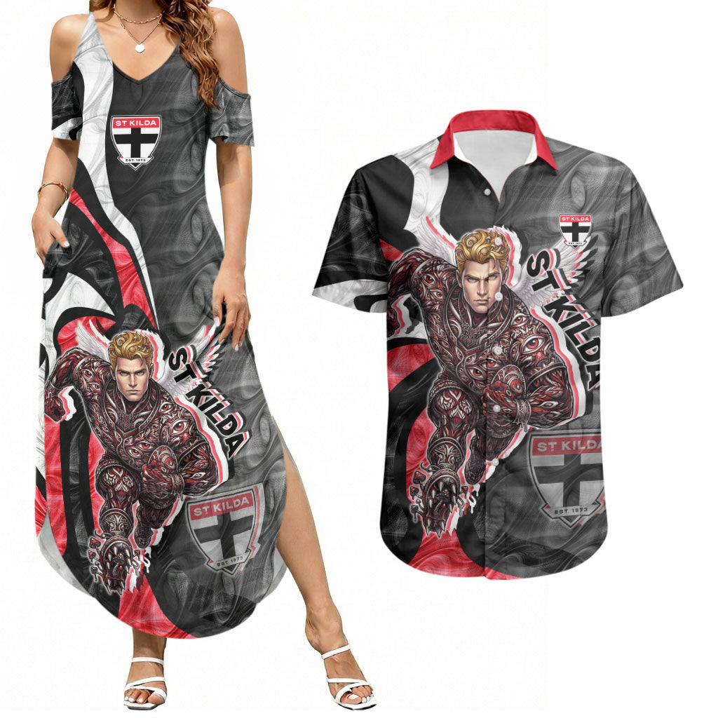 Personalised St Kilda Saints Couples Matching Summer Maxi Dress and Hawaiian Shirt Trippy Psychedelic Abstract Art Mascot Football Fans
