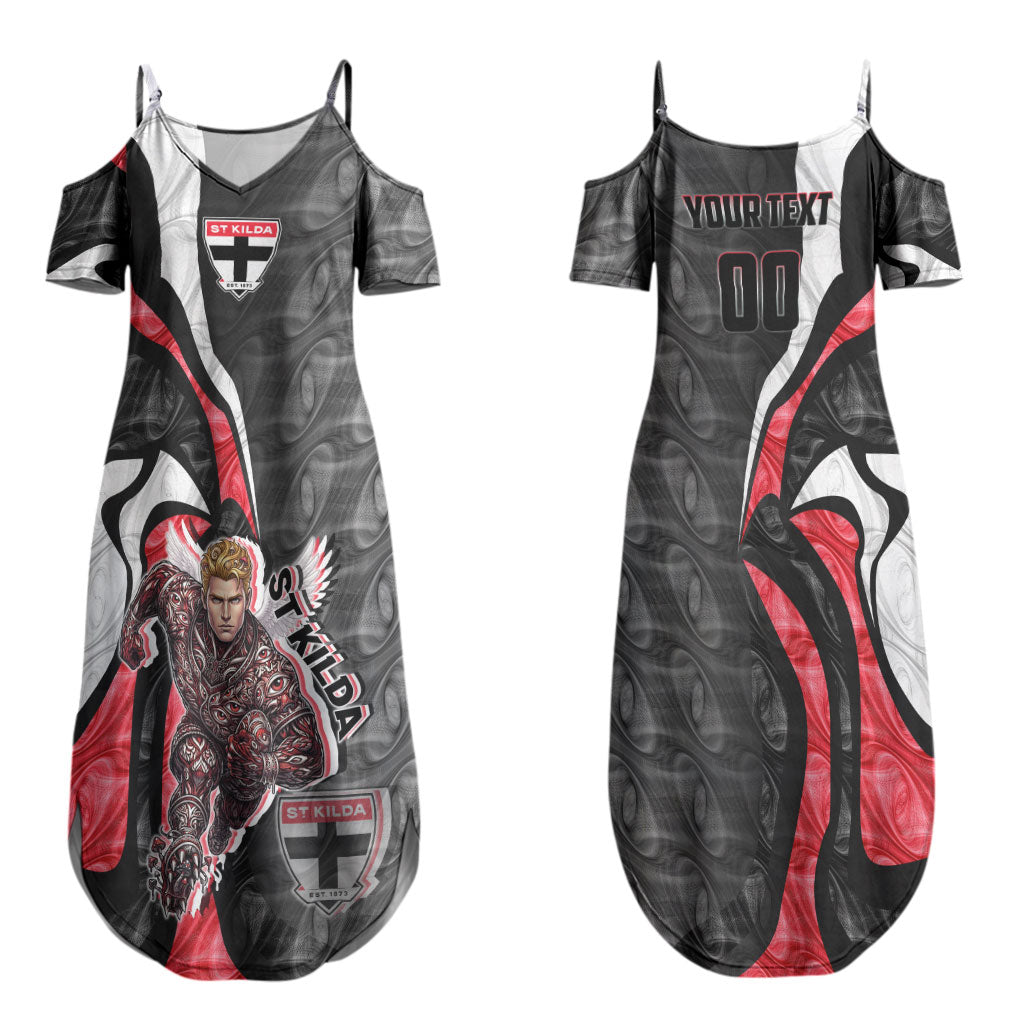 Personalised St Kilda Saints Couples Matching Summer Maxi Dress and Hawaiian Shirt Trippy Psychedelic Abstract Art Mascot Football Fans