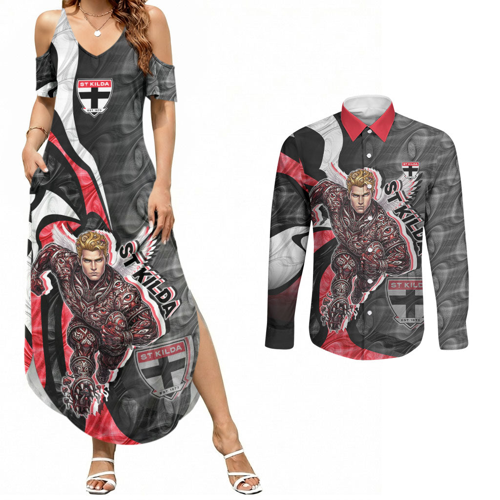 Personalised St Kilda Saints Couples Matching Summer Maxi Dress and Long Sleeve Button Shirt Trippy Psychedelic Abstract Art Mascot Football Fans