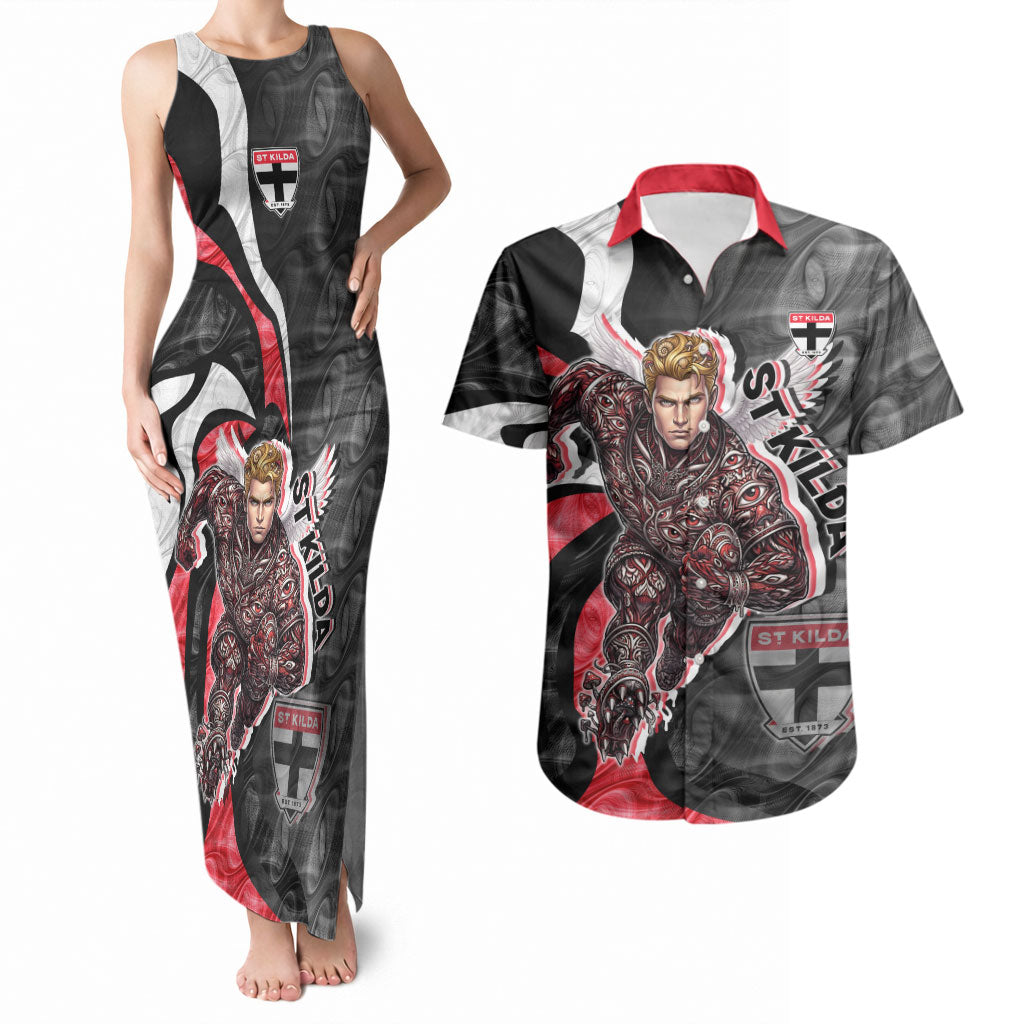 Personalised St Kilda Saints Couples Matching Tank Maxi Dress and Hawaiian Shirt Trippy Psychedelic Abstract Art Mascot Football Fans