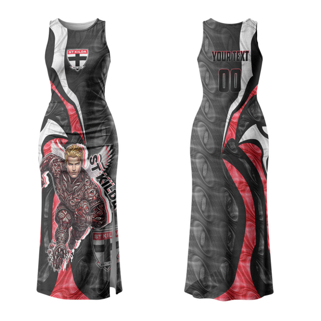 Personalised St Kilda Saints Couples Matching Tank Maxi Dress and Hawaiian Shirt Trippy Psychedelic Abstract Art Mascot Football Fans