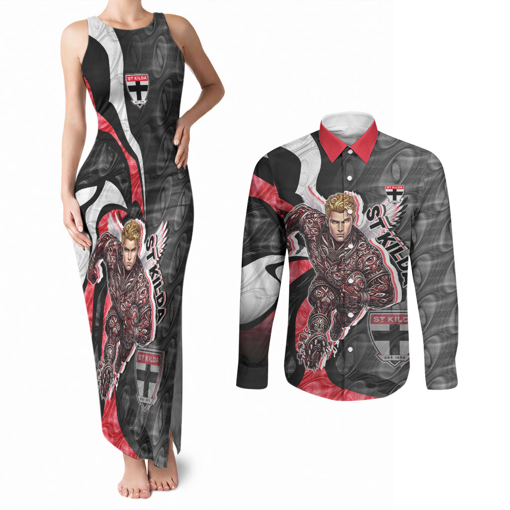 Personalised St Kilda Saints Couples Matching Tank Maxi Dress and Long Sleeve Button Shirt Trippy Psychedelic Abstract Art Mascot Football Fans