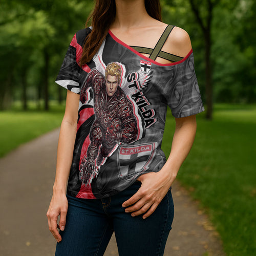 Personalised St Kilda Saints Cross Shoulder Shirt Trippy Psychedelic Abstract Art Mascot Football Fans