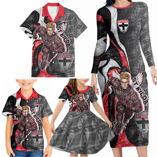 Personalised St Kilda Saints Family Matching Long Sleeve Bodycon Dress and Hawaiian Shirt Trippy Psychedelic Abstract Art Mascot Football Fans