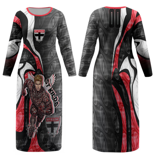 Personalised St Kilda Saints Family Matching Long Sleeve Bodycon Dress and Hawaiian Shirt Trippy Psychedelic Abstract Art Mascot Football Fans