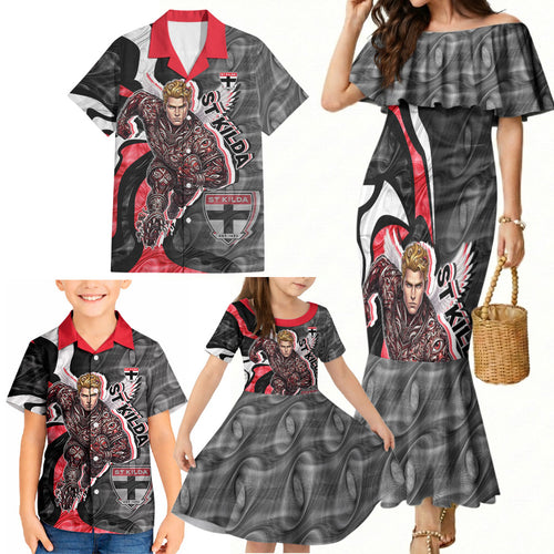 Personalised St Kilda Saints Family Matching Mermaid Dress and Hawaiian Shirt Trippy Psychedelic Abstract Art Mascot Football Fans