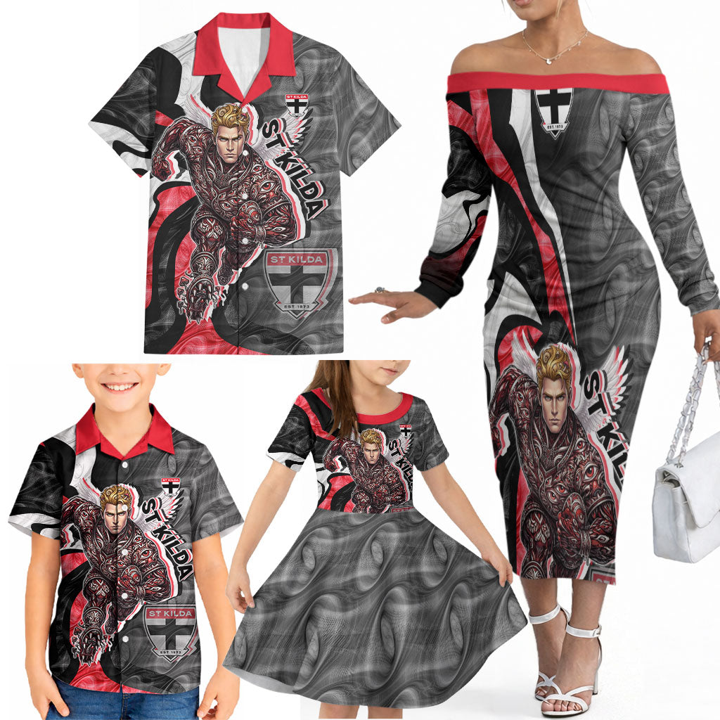Personalised St Kilda Saints Family Matching Off The Shoulder Long Sleeve Dress and Hawaiian Shirt Trippy Psychedelic Abstract Art Mascot Football Fans