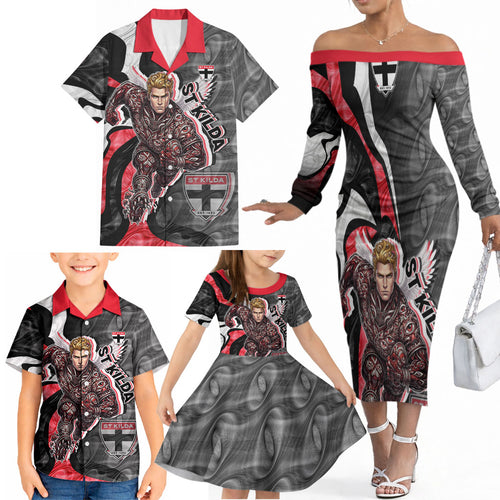 Personalised St Kilda Saints Family Matching Off The Shoulder Long Sleeve Dress and Hawaiian Shirt Trippy Psychedelic Abstract Art Mascot Football Fans