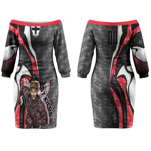 Personalised St Kilda Saints Family Matching Off The Shoulder Long Sleeve Dress and Hawaiian Shirt Trippy Psychedelic Abstract Art Mascot Football Fans