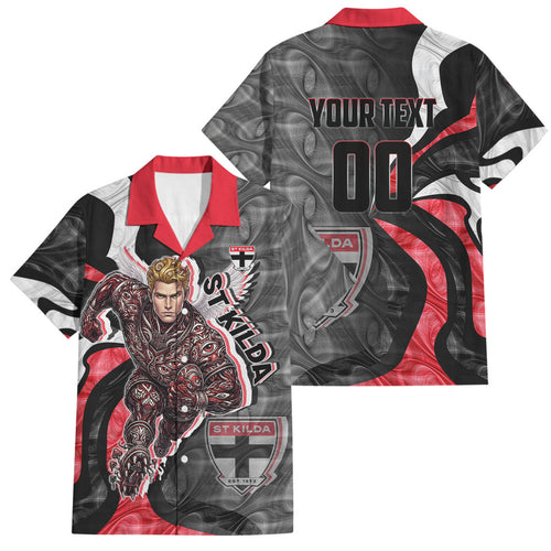 Personalised St Kilda Saints Family Matching Off The Shoulder Long Sleeve Dress and Hawaiian Shirt Trippy Psychedelic Abstract Art Mascot Football Fans