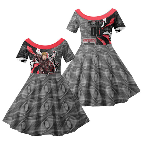 Personalised St Kilda Saints Family Matching Off The Shoulder Long Sleeve Dress and Hawaiian Shirt Trippy Psychedelic Abstract Art Mascot Football Fans