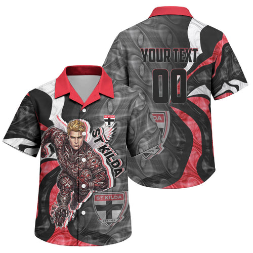 Personalised St Kilda Saints Family Matching Off The Shoulder Long Sleeve Dress and Hawaiian Shirt Trippy Psychedelic Abstract Art Mascot Football Fans
