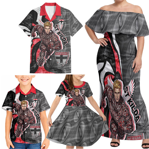 Personalised St Kilda Saints Family Matching Off Shoulder Maxi Dress and Hawaiian Shirt Trippy Psychedelic Abstract Art Mascot Football Fans