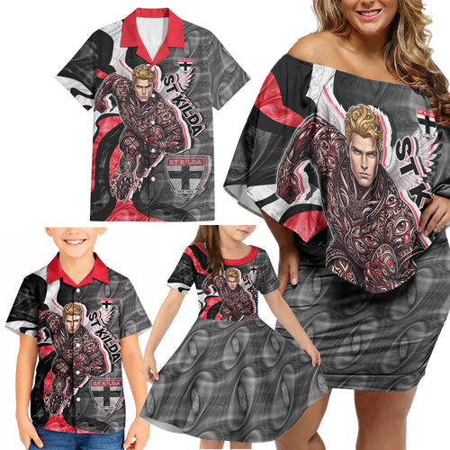 Personalised St Kilda Saints Family Matching Off Shoulder Short Dress and Hawaiian Shirt Trippy Psychedelic Abstract Art Mascot Football Fans