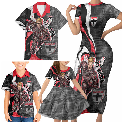 Personalised St Kilda Saints Family Matching Short Sleeve Bodycon Dress and Hawaiian Shirt Trippy Psychedelic Abstract Art Mascot Football Fans