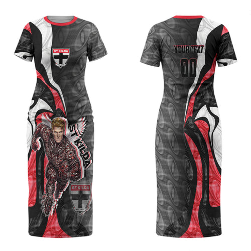 Personalised St Kilda Saints Family Matching Short Sleeve Bodycon Dress and Hawaiian Shirt Trippy Psychedelic Abstract Art Mascot Football Fans