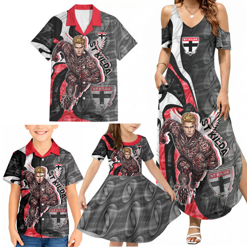 Personalised St Kilda Saints Family Matching Summer Maxi Dress and Hawaiian Shirt Trippy Psychedelic Abstract Art Mascot Football Fans
