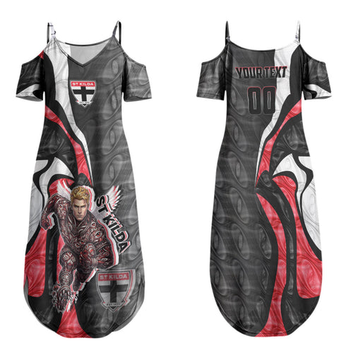 Personalised St Kilda Saints Family Matching Summer Maxi Dress and Hawaiian Shirt Trippy Psychedelic Abstract Art Mascot Football Fans