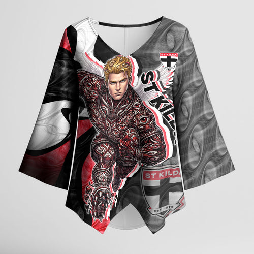 Personalised St Kilda Saints Kimono Sleeve Blouse Trippy Psychedelic Abstract Art Mascot Football Fans