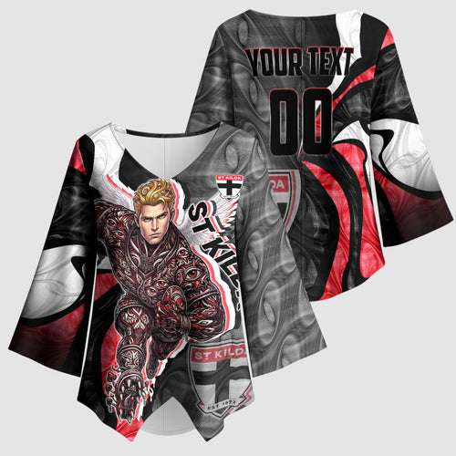 Personalised St Kilda Saints Kimono Sleeve Blouse Trippy Psychedelic Abstract Art Mascot Football Fans