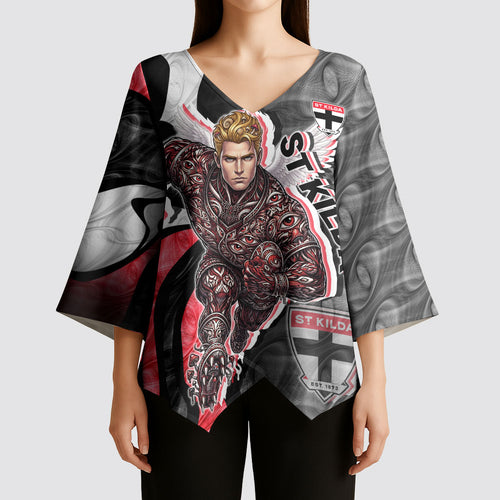 Personalised St Kilda Saints Kimono Sleeve Blouse Trippy Psychedelic Abstract Art Mascot Football Fans