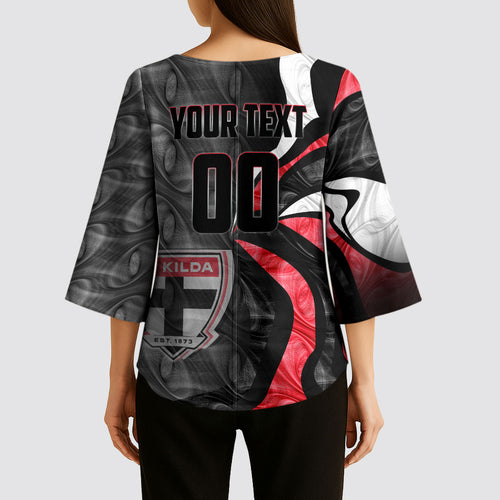 Personalised St Kilda Saints Kimono Sleeve Blouse Trippy Psychedelic Abstract Art Mascot Football Fans