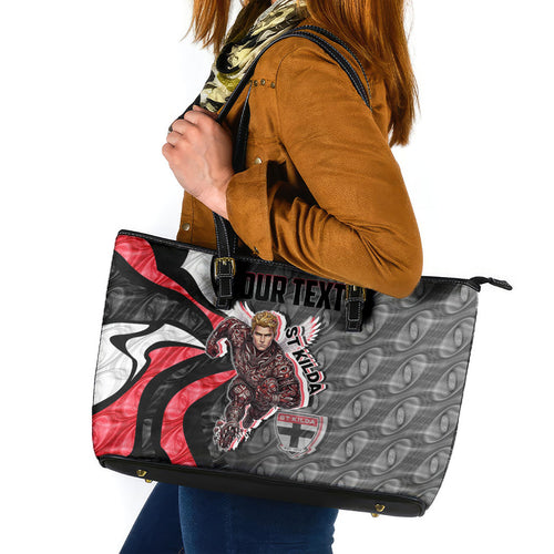 Personalised St Kilda Saints Leather Tote Bag Trippy Psychedelic Abstract Art Mascot Football Fans