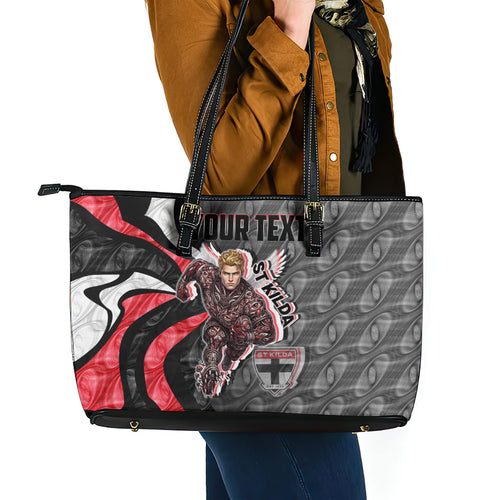 Personalised St Kilda Saints Leather Tote Bag Trippy Psychedelic Abstract Art Mascot Football Fans