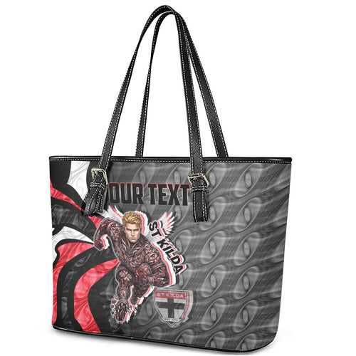 Personalised St Kilda Saints Leather Tote Bag Trippy Psychedelic Abstract Art Mascot Football Fans