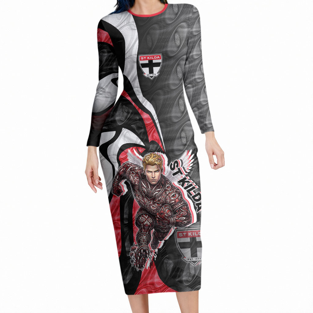 Personalised St Kilda Saints Long Sleeve Bodycon Dress Trippy Psychedelic Abstract Art Mascot Football Fans