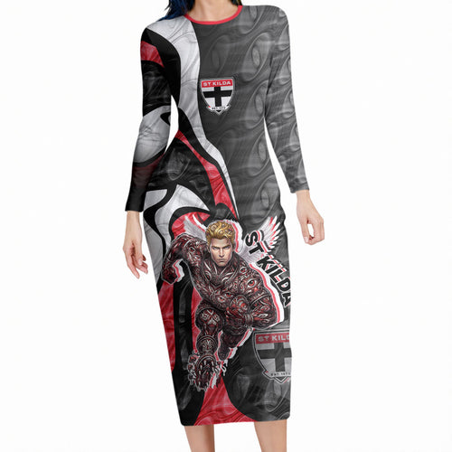 Personalised St Kilda Saints Long Sleeve Bodycon Dress Trippy Psychedelic Abstract Art Mascot Football Fans