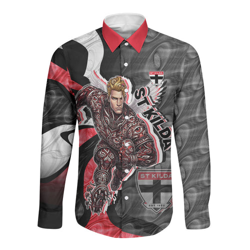 Personalised St Kilda Saints Long Sleeve Button Shirt Trippy Psychedelic Abstract Art Mascot Football Fans