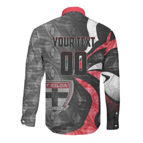 Personalised St Kilda Saints Long Sleeve Button Shirt Trippy Psychedelic Abstract Art Mascot Football Fans