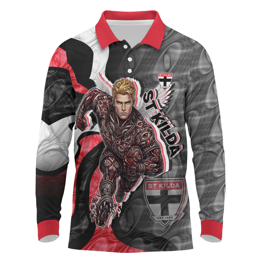 Personalised St Kilda Saints Long Sleeve Polo Shirt Trippy Psychedelic Abstract Art Mascot Football Fans