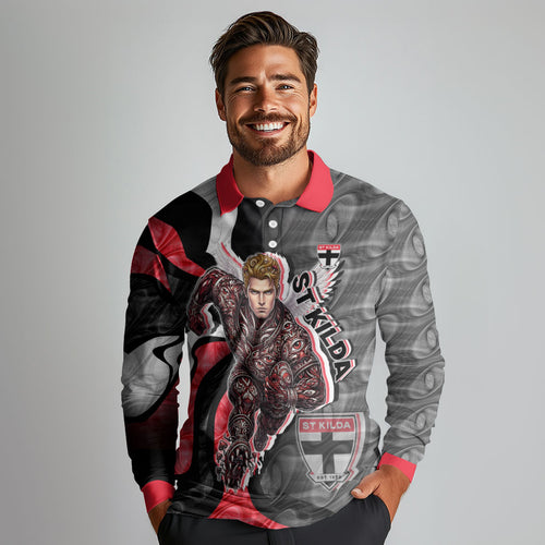 Personalised St Kilda Saints Long Sleeve Polo Shirt Trippy Psychedelic Abstract Art Mascot Football Fans