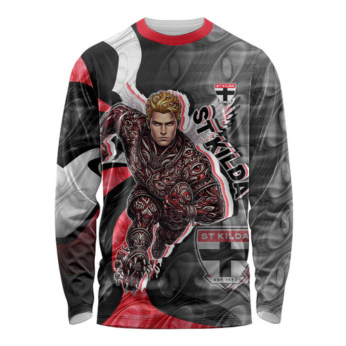 Personalised St Kilda Saints Long Sleeve Shirt Trippy Psychedelic Abstract Art Mascot Football Fans