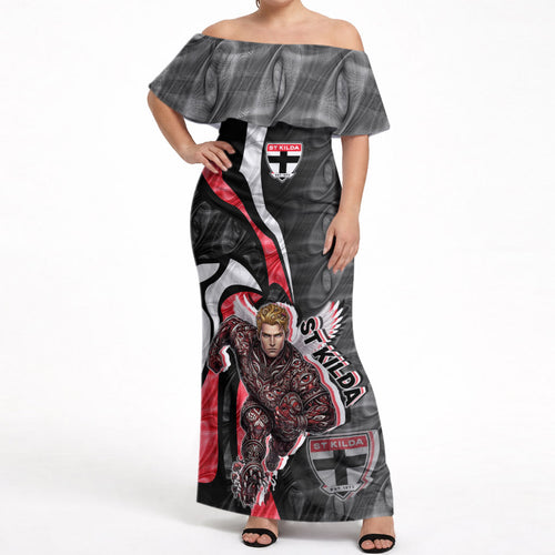 Personalised St Kilda Saints Off Shoulder Maxi Dress Trippy Psychedelic Abstract Art Mascot Football Fans