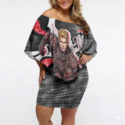 Personalised St Kilda Saints Off Shoulder Short Dress Trippy Psychedelic Abstract Art Mascot Football Fans