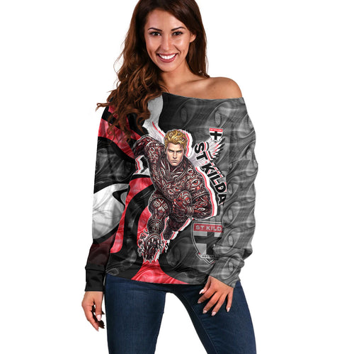 Personalised St Kilda Saints Off Shoulder Sweater Trippy Psychedelic Abstract Art Mascot Football Fans