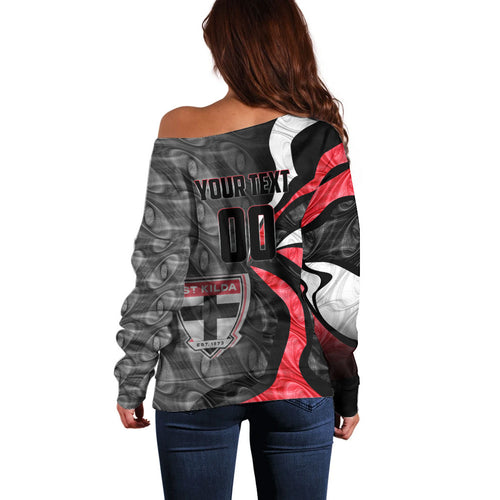 Personalised St Kilda Saints Off Shoulder Sweater Trippy Psychedelic Abstract Art Mascot Football Fans