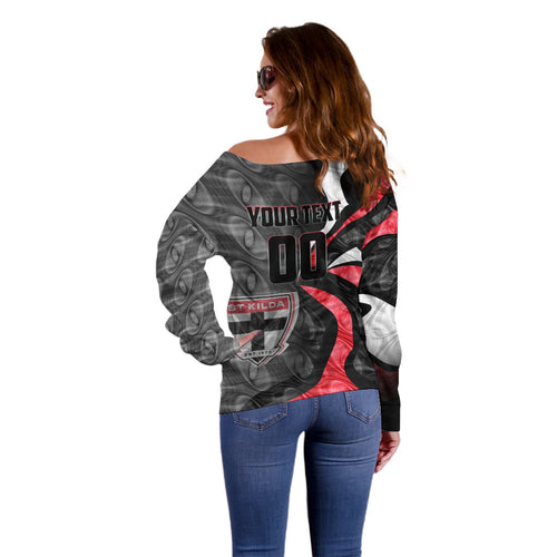 Personalised St Kilda Saints Off Shoulder Sweater Trippy Psychedelic Abstract Art Mascot Football Fans