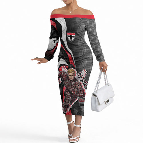 Personalised St Kilda Saints Off The Shoulder Long Sleeve Dress Trippy Psychedelic Abstract Art Mascot Football Fans