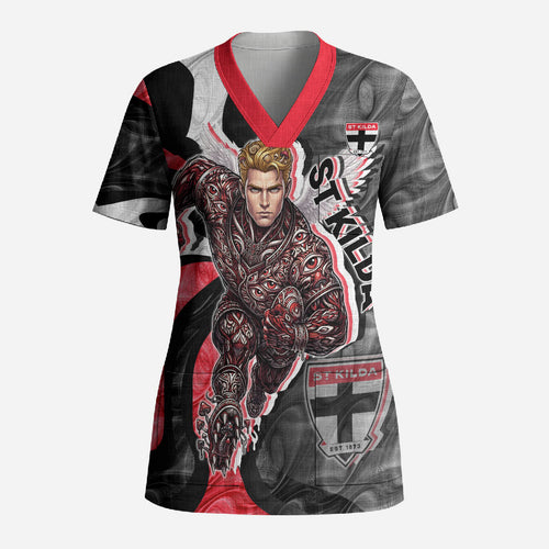 Personalised St Kilda Saints Scrub Top Trippy Psychedelic Abstract Art Mascot Football Fans