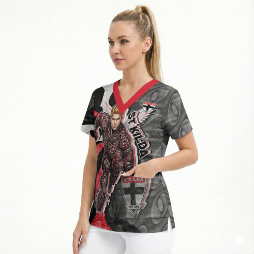 Personalised St Kilda Saints Scrub Top Trippy Psychedelic Abstract Art Mascot Football Fans
