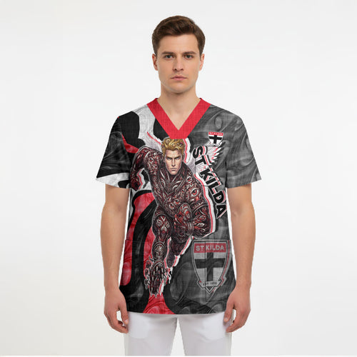 Personalised St Kilda Saints Scrub Top Trippy Psychedelic Abstract Art Mascot Football Fans